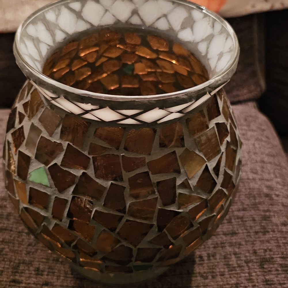 Home Interiors Mosaic Vase with Amber and Green Accents